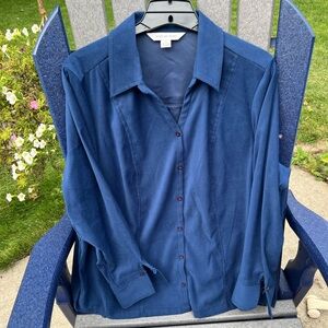 August Max Woman Blue Faux Suede V-Neck Collared Button Down Shirt Size X
